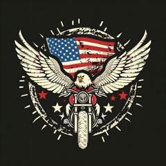 Bold American eagle motorcycle emblem with American flag shield and wings for patriotic patriotic motorbike biker biker gear Harley Davidson style