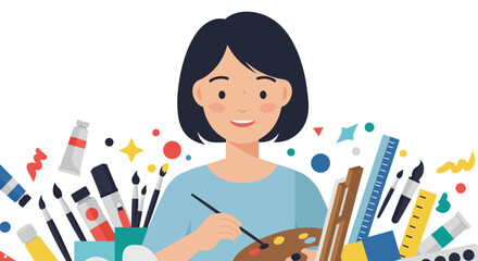 Flat vector design of a woman painting canvas in a creative space. Stylish, simple, modern.