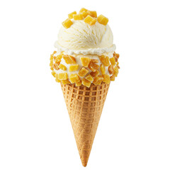 Delicious mango ice cream cone with chunks of fresh mango in a bright setting