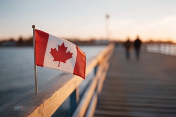 Waving flag captures serene waterfront scene, evoking Canada's s