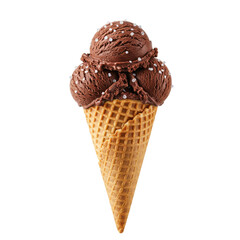 Three scoops of rich chocolate ice cream in a waffle cone with sprinkles