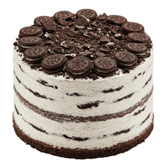 Delicious chocolate cream cake with Oreo cookies, showcased on a white background