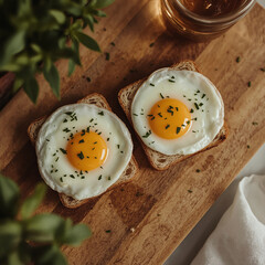 A warm and inviting overhead shot of two perfectly fried eggs, their golden yolks glistening with a slight sheen, atop two slices of rustic bread, toasted to a golden brown and sprinkled with a pinch 