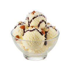 Creamy vanilla ice cream topped with nuts and chocolate sauce in a clear bowl