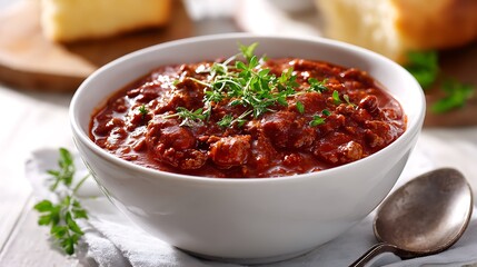 Hearty Bolognese Sauce in a White Bowl Garnished with Fresh Herbs