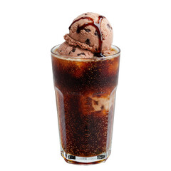 Refreshing chocolate soda float with ice cream in a clear glass against a white background