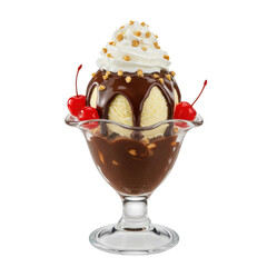 Delicious chocolate sundae topped with whipped cream, cherries, and sprinkles