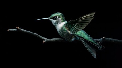 Fototapeta premium A hummingbird, wings slightly outstretched, perched on a branch against a black background. Its plumage displays iridescent greens and whites
