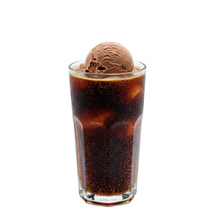 Refreshing glass of fizzy cola topped with a scoop of chocolate ice cream, isolated