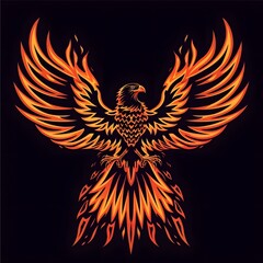 Bold fiery phoenix illustration with detailed flame wings and tail symbolizing rebirth strength and transformation in vibrant orange and yellow colors