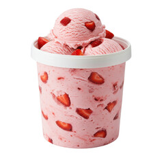 Delicious strawberry ice cream in a white container, showcasing fresh strawberries