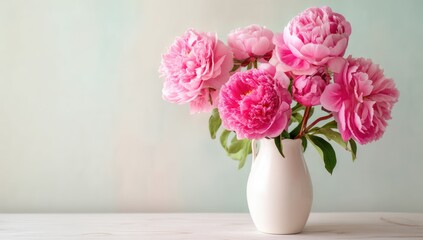 Pink peonies arranged in a white vase, placed against a pastel background for a soft touch.