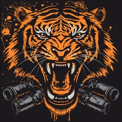 Fierce tiger head illustration with detailed fur and piercing eyes combined with tactical grenades and bold splashes background for striking wildlife and combat art