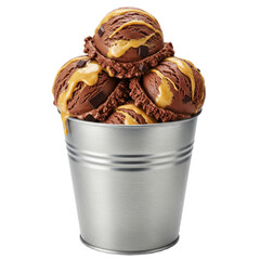 A metal bucket overflowing with chocolate ice cream scoops drizzled with caramel