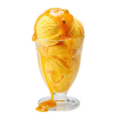 A delicious mango ice cream sundae dripping with sauce in a clear glass cup
