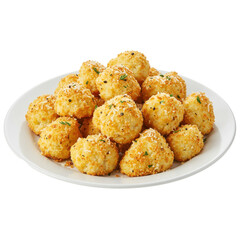 Golden, crispy cheese balls piled on a white plate, garnished with herbs, ideal for appetizers