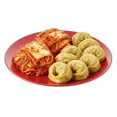 A vibrant plate featuring kimchi and green dumplings, served on a red dish, with a cozy kitchen ambiance in the background