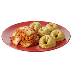 A vibrant plate of kimchi and dumplings, showcasing traditional Korean cuisine