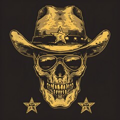 Graphic illustration of a detailed skull wea a cowboy hat and sunglasses with a star belt buckle and two stars hanging below creating a rebellious western themed artwork