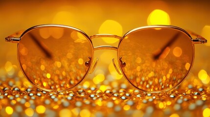Golden round sunglasses on a bed of sparkling gold beads