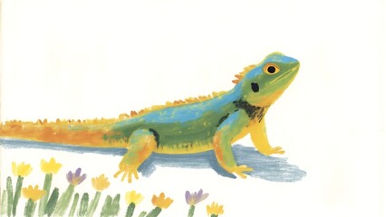 Obraz premium Green and Blue Lizard, Playful Illustration, White Background, Nature