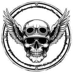 Intricate black and white skull illustration featu detailed goggles and outstretched wings within a circular frame for edgy artistic design