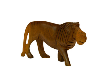 A traditional African hand-carved wooden lion souvenir isolated against a white background