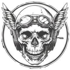 Highly detailed black and white illustration of a skull wea vintage goggles and headphones with wings, centered in a circular frame, contrast design art