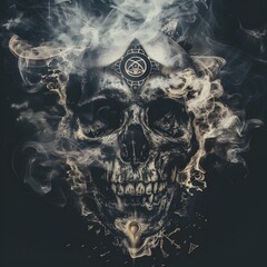 Dark mystical skull with pentagram symbol surrounded by smoke and mist deep black background creating an eerie and mysterious horror themed atmosphere