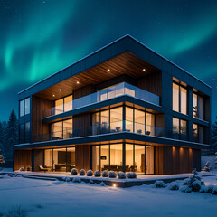 Modern Luxury House in Snow with Northern Lights at Night – Contemporary Arctic Architecture