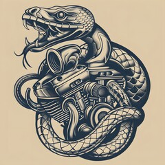 Intricate monochrome tattoo-style illustration combining a fierce snake with detailed mechanical engine components in a bold and dynamic design perfect for edgy artwork