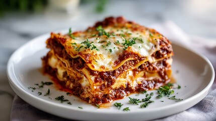 Hearty Lasagna Slice with Melty Cheese and Fresh Herbs on a White Plate