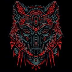 Intricate Neon Tribal Wolf Head Illustration with Geometric Patterns and Symmetrical Design in Bright Red and Blue Colors on Black Background