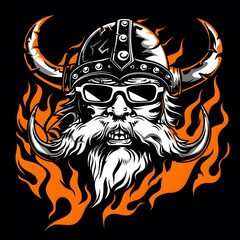 Detailed illustration of a fierce Viking warrior with a horned helmet sunglasses and a long beard on fire background emphasizing strength and warrior culture