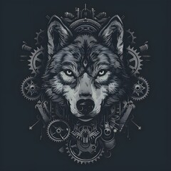 Digital art of fierce wolf head with cybernetic mechanical gears circuits futuristic digital illustration on dark background