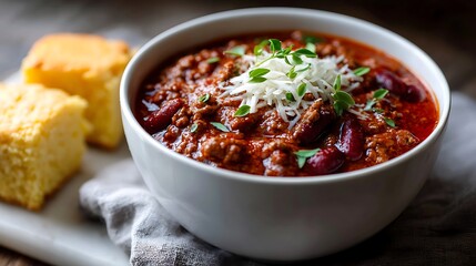 Hearty Bowl of Chili Topped with Shredded Cheese and Served with Cornbread