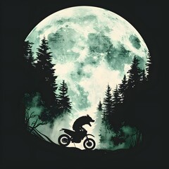 Mystical night scene with a silhouette of a person riding a motorcycle beneath a luminous full moon surrounded by dense forest trees in a dark enchanting landscape