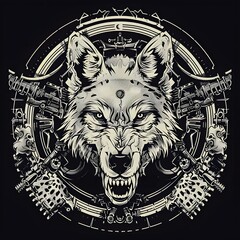 Intricate monochrome digital illustration of a fierce wolf's face surrounded by tactical weapons, weapons, guns, skulls, and technical gear in a circular design