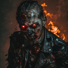 Intense scary zombie with glowing red eyes and charred face wea leather jacket surrounded by flames in dark ominous horror scene