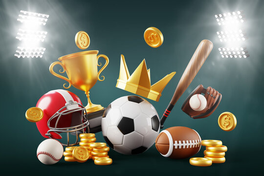Sports betting background. Bet and win in bookmaker office. Soccer pitch with spotlights, balls, gold crown, coins, championship cup, american football helmet, baseball bat and glove. 3D illustration
