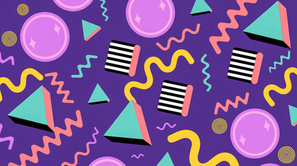 A retro 1990s style pattern design with a deep purple background featuring a repeating pattern of geometric