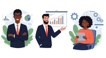 Three people working at their desks with computers laptops and books in a modern office setting