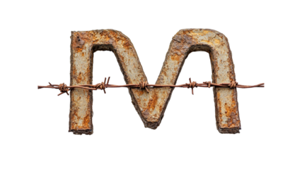 Rusty Metal Letters "M" and "A" Intertwined with Barbed Wire