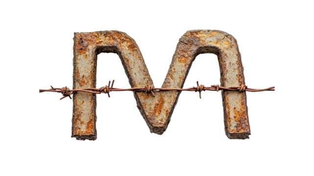 Rusty Metal Letters "M" and "A" Intertwined with Barbed Wire
