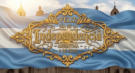 A greeting card for Argentina Día de la Independencia celebration, decorative lettering text "Feliz Día de la Independencia, Argentina — 9 de julio" in the Spanish language