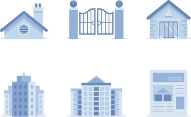 Fototapeta premium Architecture icons. Skyscraper elevation, balcony building set, gated fence and residential overview pack 
