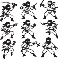 A set of 10 ninja characters in black and white vector style, isolated on white background, dynamic poses and outfits.