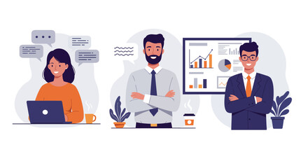 Three people working at their desks with computers laptops and books in a modern office setting