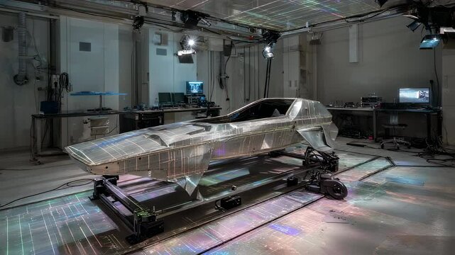 Advanced laser scanning technology analyzes a futuristic car chassis prototype, capturing precise measurements and surface data in a controlled laboratory environment
