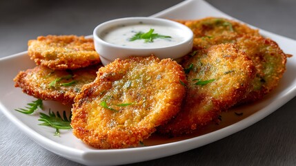 Crispy Fried Patties with Herbed Dip Served on a White Plate